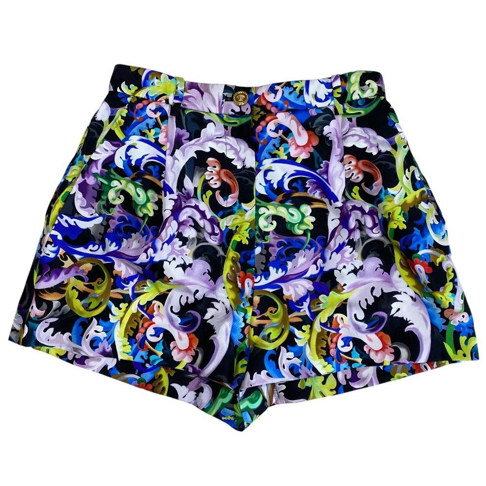 Versace Print Shorts All Over Pattern Black Multicolor Silk Pants