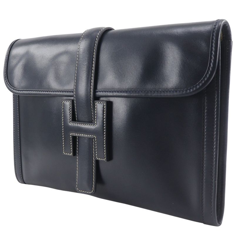 Hermes Jigier PM Vintage Box Calf Navy 0Q Unisex Clutch Bag