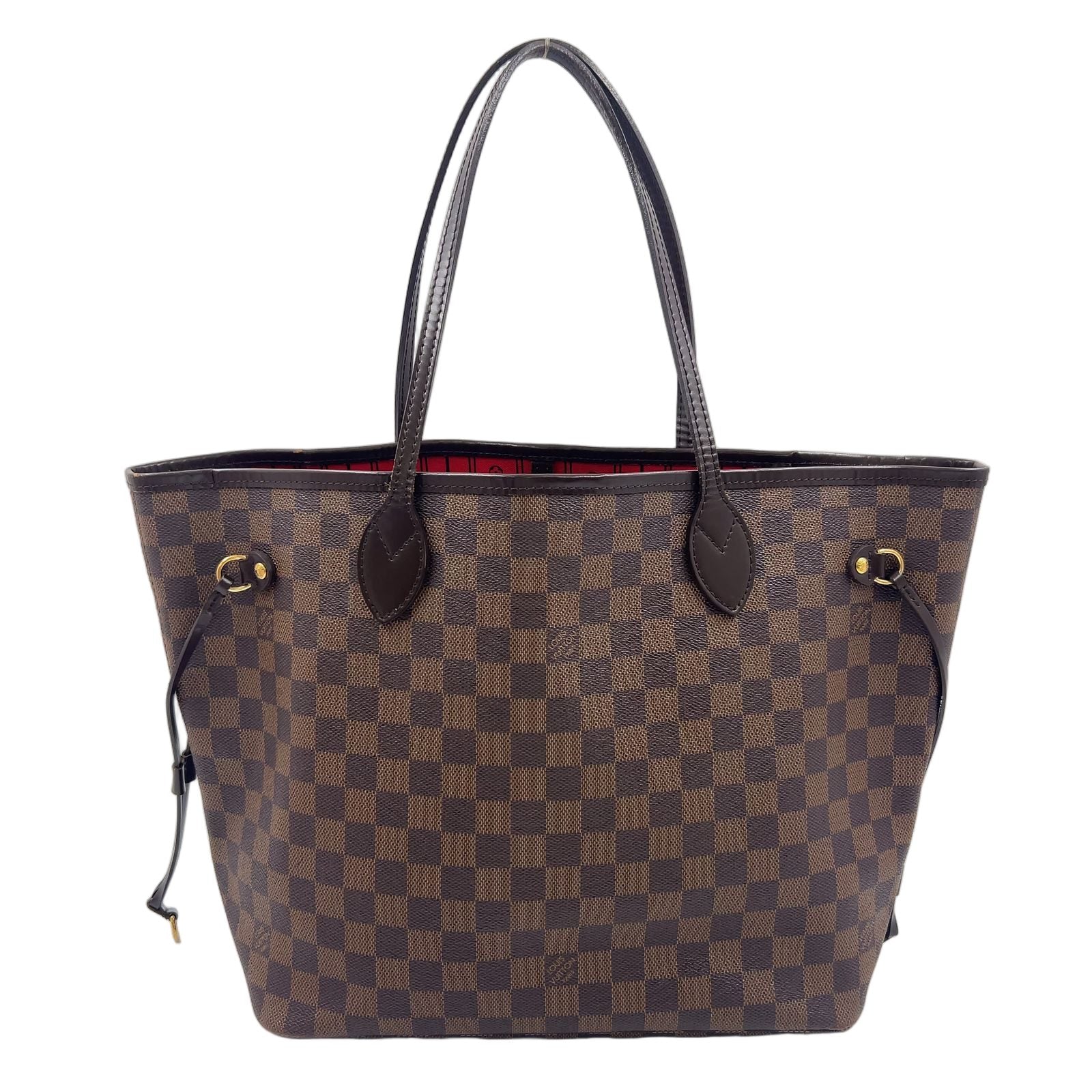 Louis Vuitton Neverfull Damier Ebene Leather Brown Red Tote Gold
