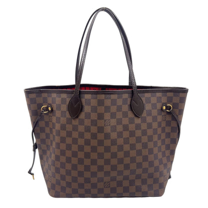 Louis Vuitton Neverfull Damier Ebene Leather Brown Red Tote Gold