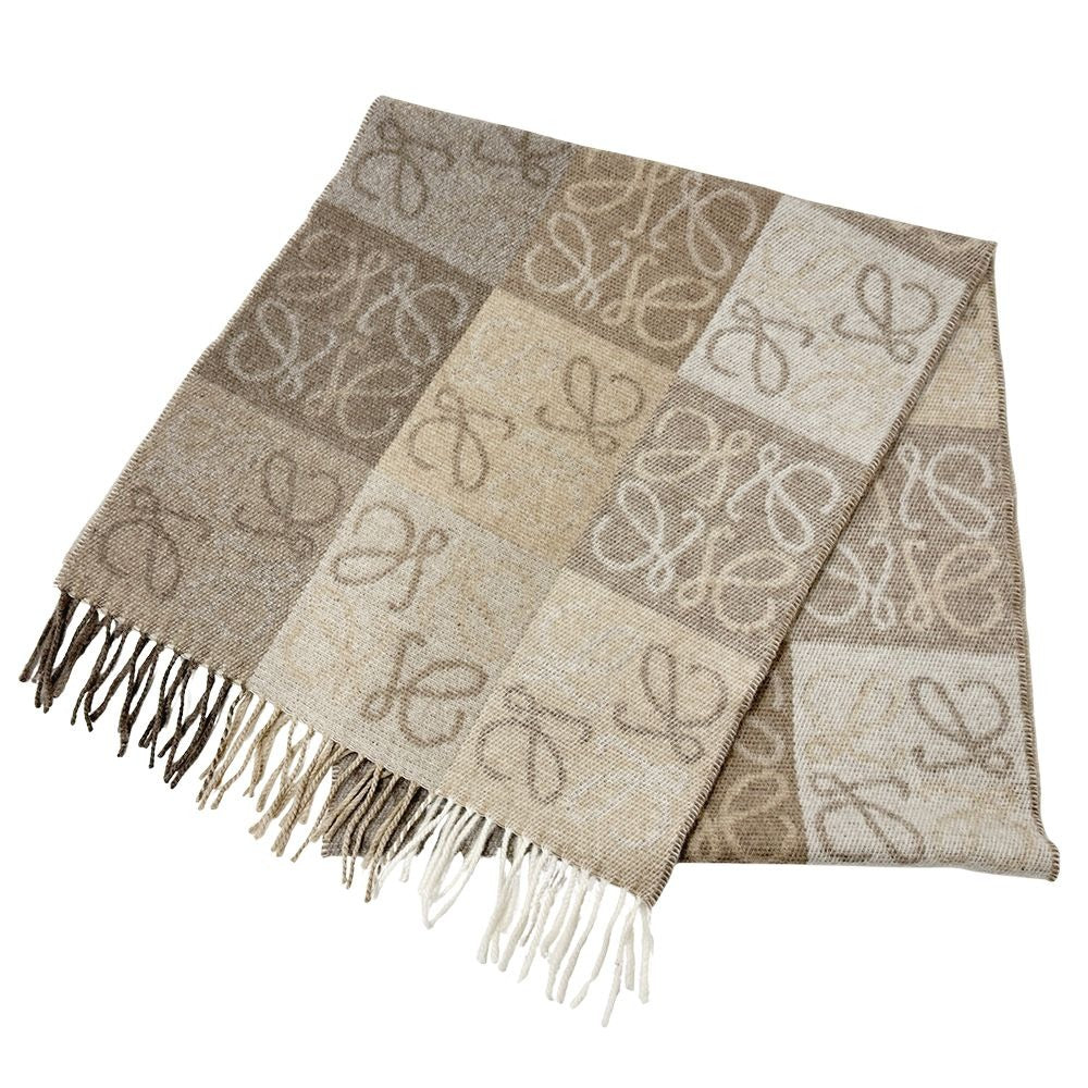 Loewe Muffler Shawl Checkerboard Scarf Wool Cashmere Beige