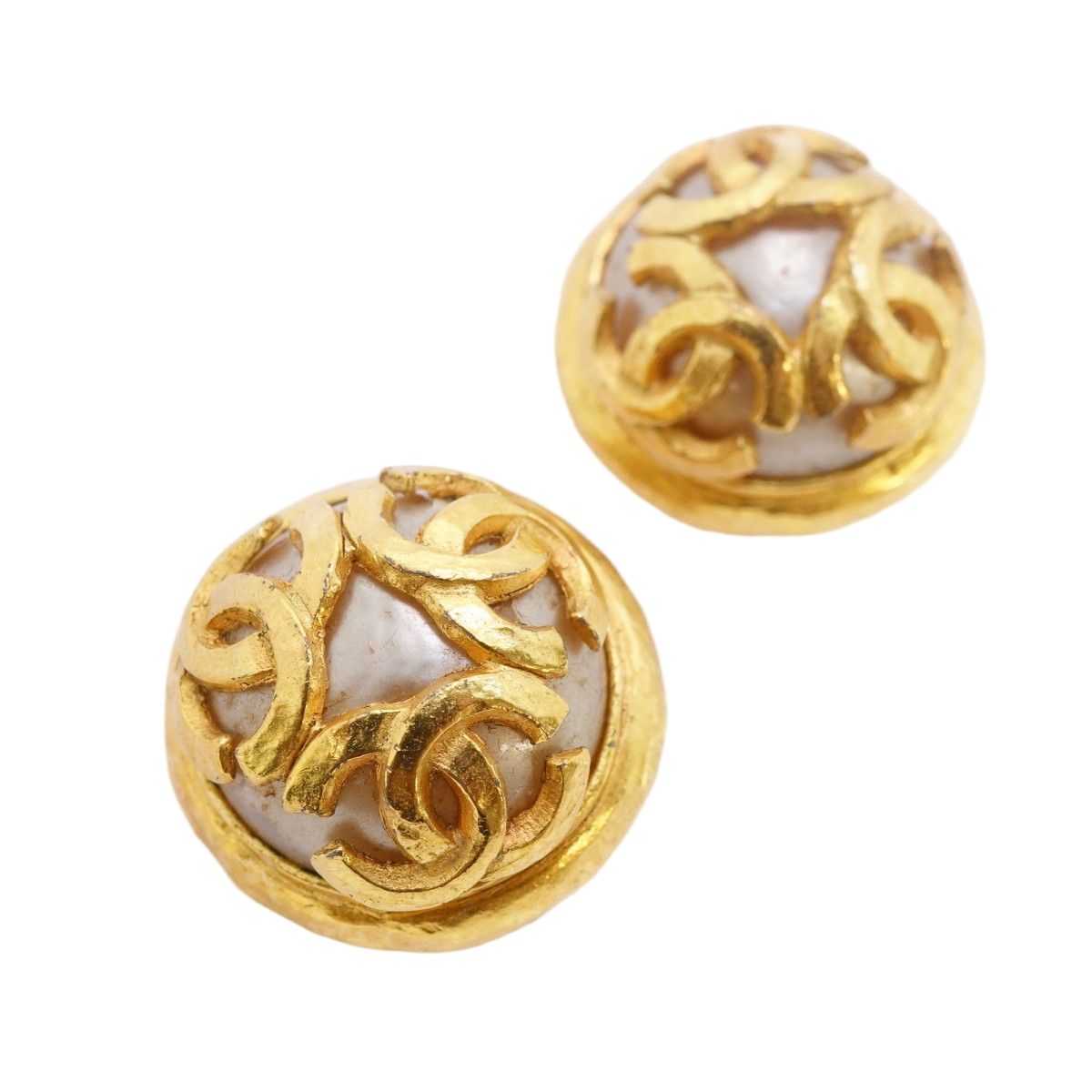 Chanel Earrings Vintage CC Logo Triple Coco Gold Plated Faux Pearl — view 2