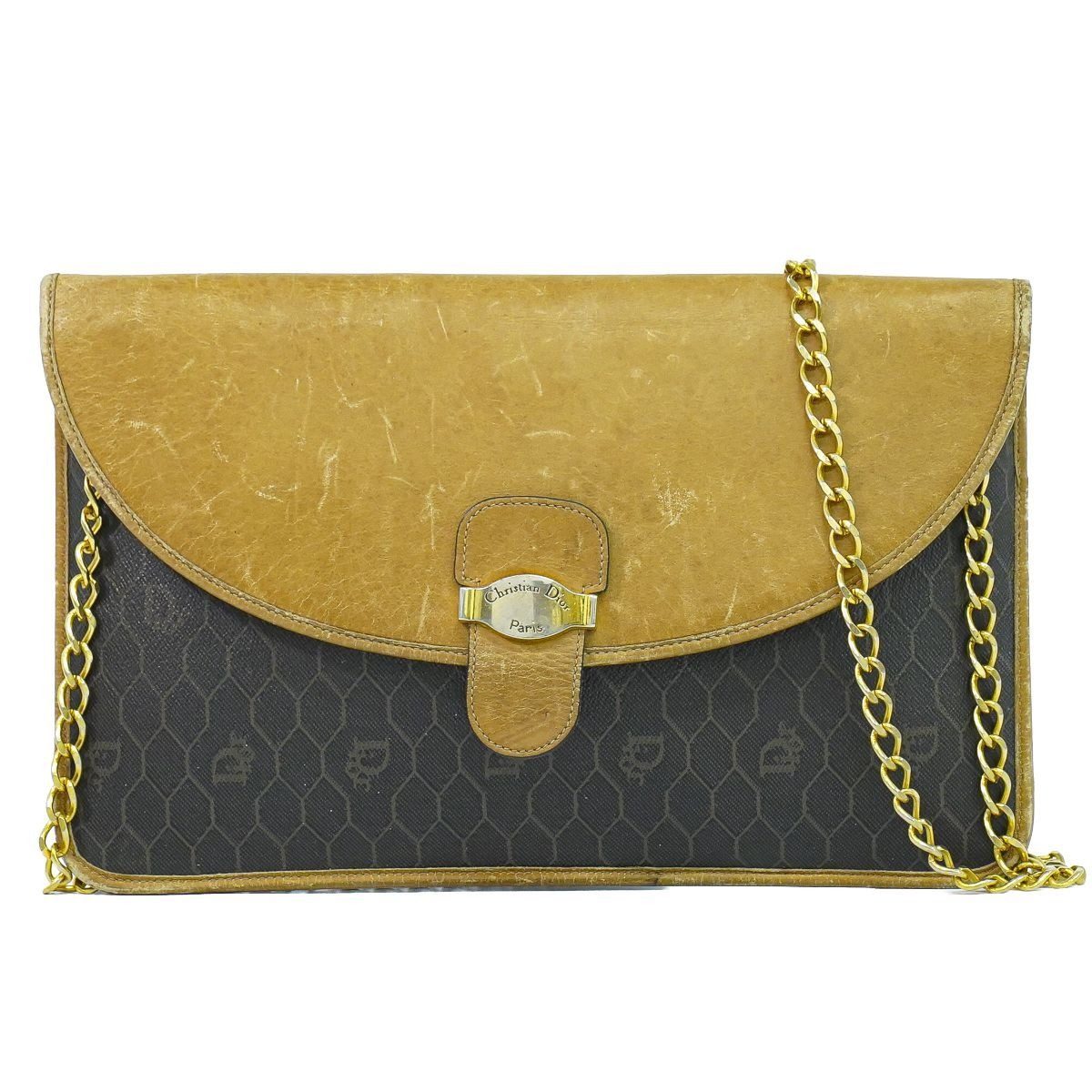 Dior Honeycomb Pattern Chain Shoulder Bag Pochette Leather Black Brown