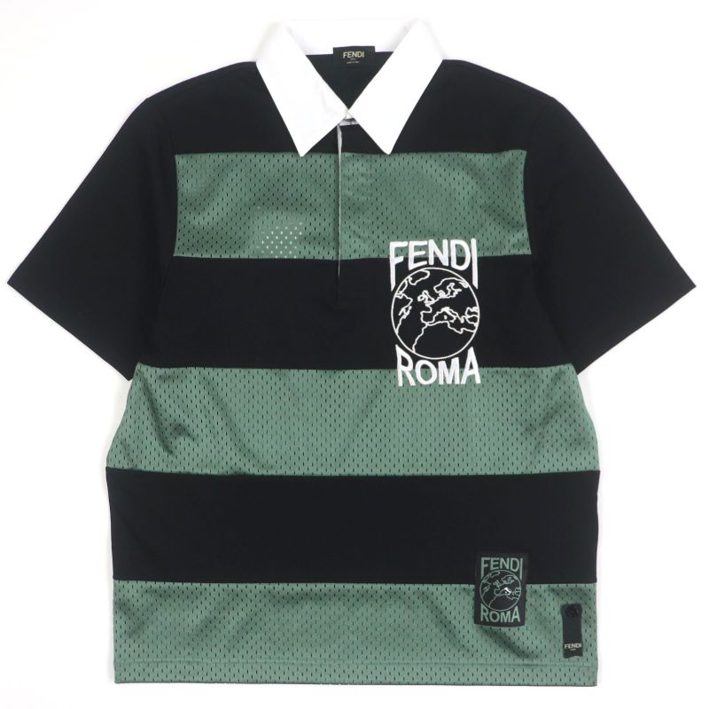  Fendi 2020 Faf630 Striped Logo Embroidery Mesh Short Sleeve Polo Shirt Green