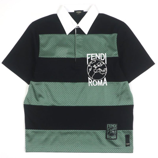  Fendi 2020 Faf630 Striped Logo Embroidery Mesh Short Sleeve Polo Shirt Green