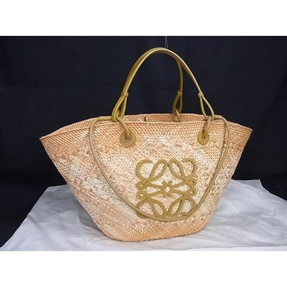 Loewe Anagram Straw Leather Basket Bag Handbag Tote Women Beige Ft0538