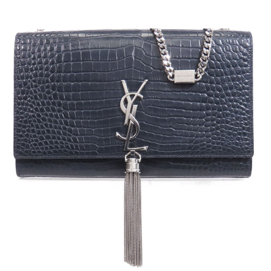 Saint Laurent Kate Tassel Navy Leather Chain Embossed Shoulder Bag