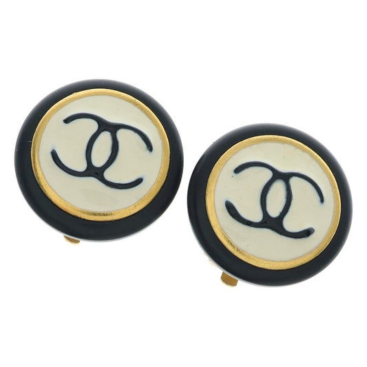 Chanel CC Logo Earrings Black White Gold