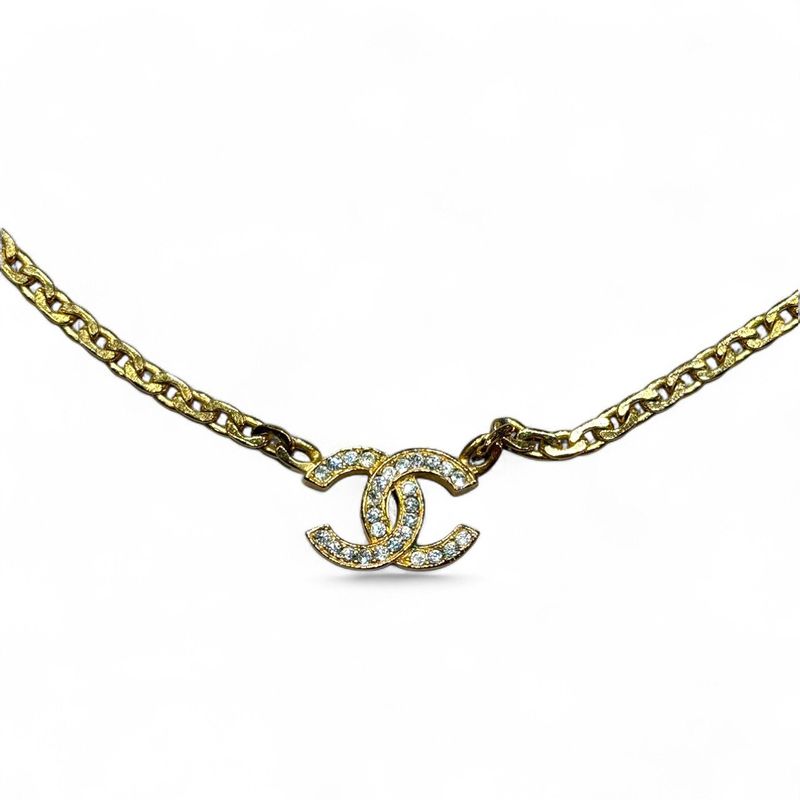 Chanel 3312 Engraved 70s Vintage Rhinestone Coco Mark Necklace Women's Gold