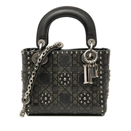 Dior Cannage Lady Studded Handbag Chain Shoulder Bag 2WAY Black Leather