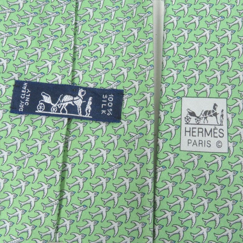 Hermes 5598ma Silk 100% Airplane Plane Plate All Over Pattern Wide Tie Green