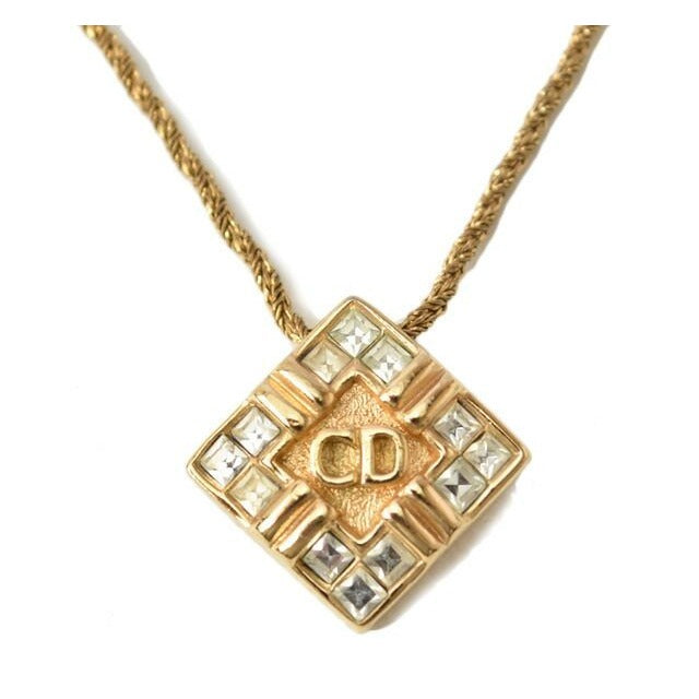 Christian Dior Necklace Vintage Logo Rhinestone Square