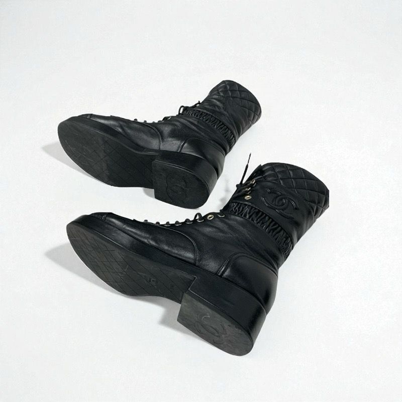 Chanel Boots Short Boots Shoes Leather Black Here Mark Matelasse Lace Up Middle
