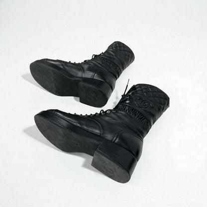 Chanel Boots Short Boots Shoes Leather Black Here Mark Matelasse Lace Up Middle