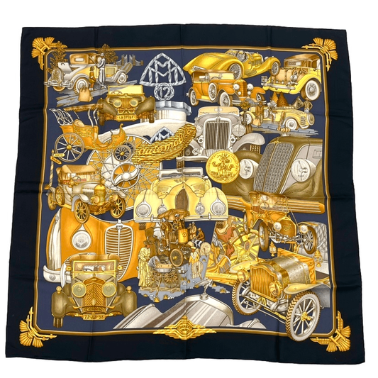 Hermes Carre 90 Automobile Black And Gold Scarf Silk