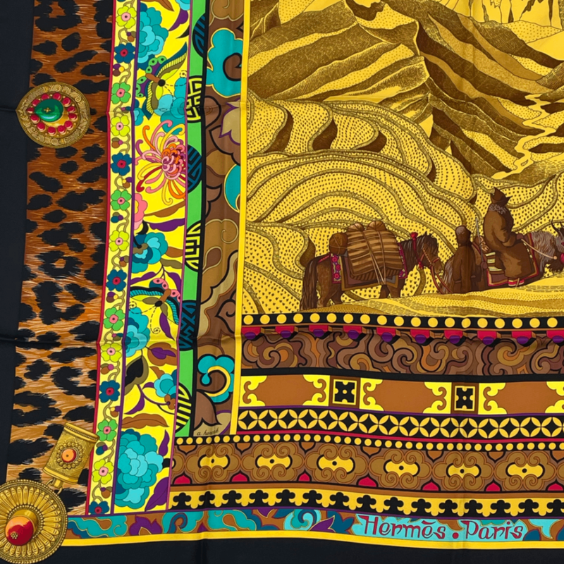 Hermes Carree 90 La Femme Aux Femmes Aux Winds Footsteps Woman Scarf Black