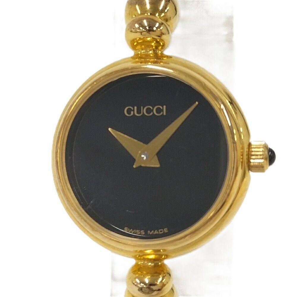 Gucci Bangle Watch SS Quartz Gold Plated Black Dial