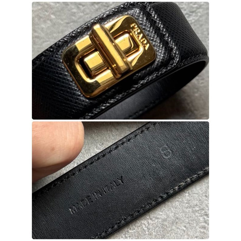 Prada Saffiano Leather Logo Belt Bracelet Turnlock Black Gold Size — view 4