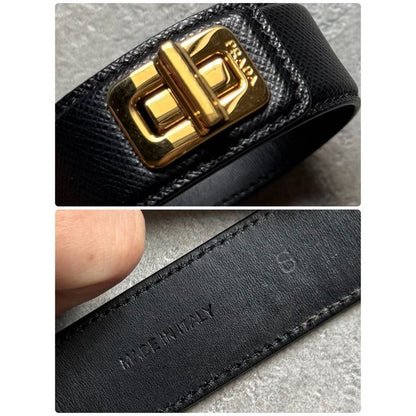 Prada Saffiano Leather Logo Belt Bracelet Turnlock Black Gold Size — view 4