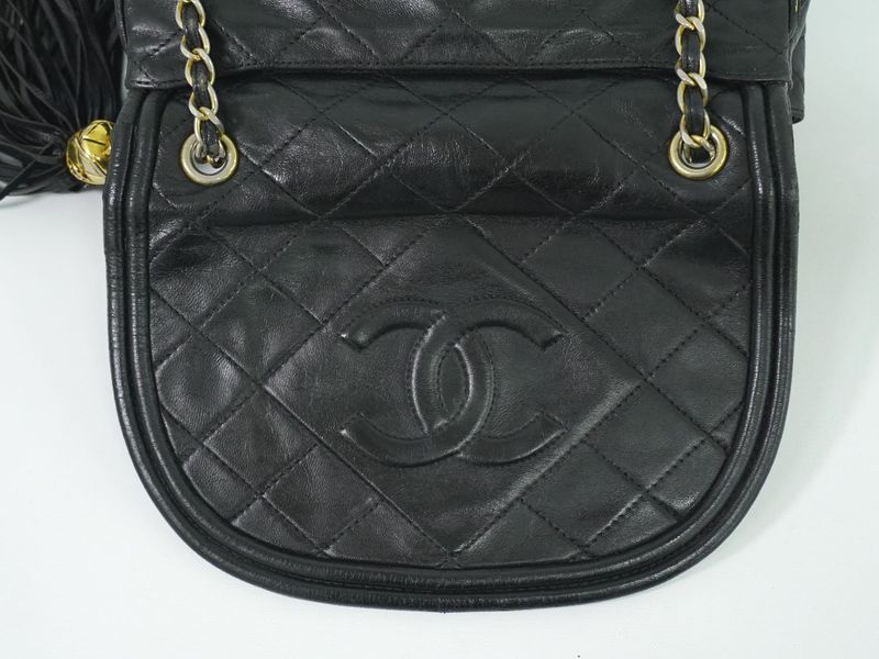 Authentic Chanel Coco Mark Matelasse Tassel Chain Shoulder Bag Leather Black