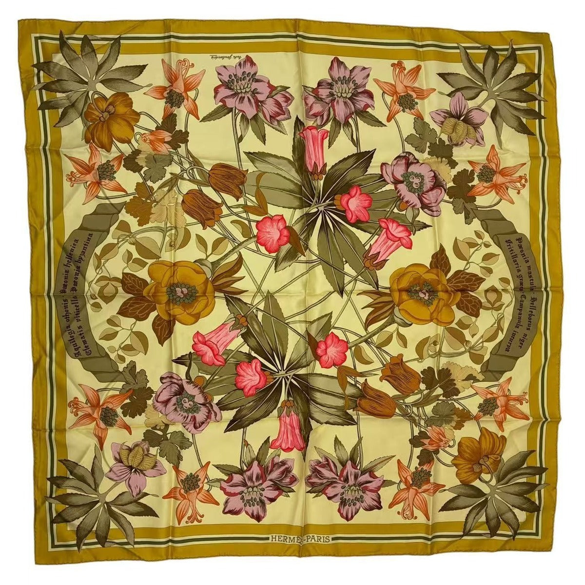 Hermes Scarf Carre 90 Silk Fleurs D'hellade Hellas Flower Yellow