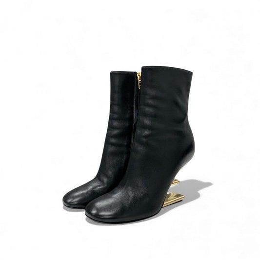 Fendi First Boots Short Shoes Leather Black Gold Metal Heel FF Logo