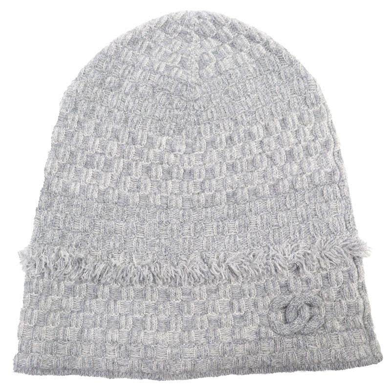 Chanel 16 B Cashmere Coco Mark Fringe Design Lame Thread Beanie Knit Cap
