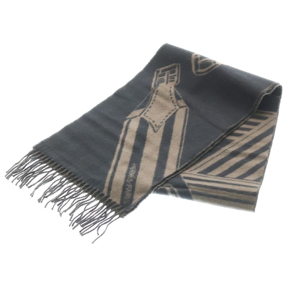 Hermes Zigzag Sangles Fringe Scarf Shawl Cashmere Dark Brown