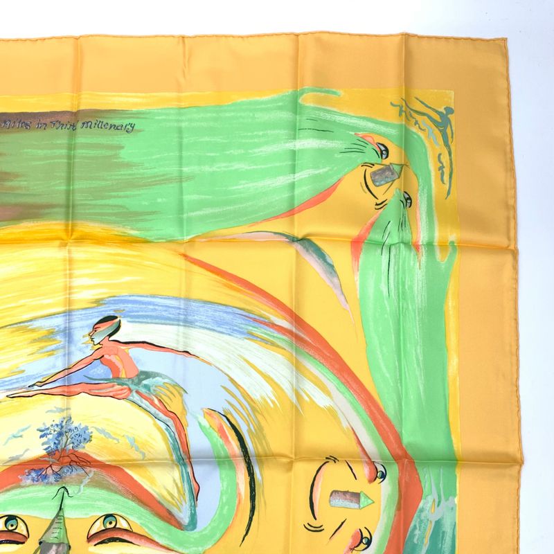 Hermes Carre 90 Smiles In Third Millenary Yellow X Multicolor Scarf 100% Silk