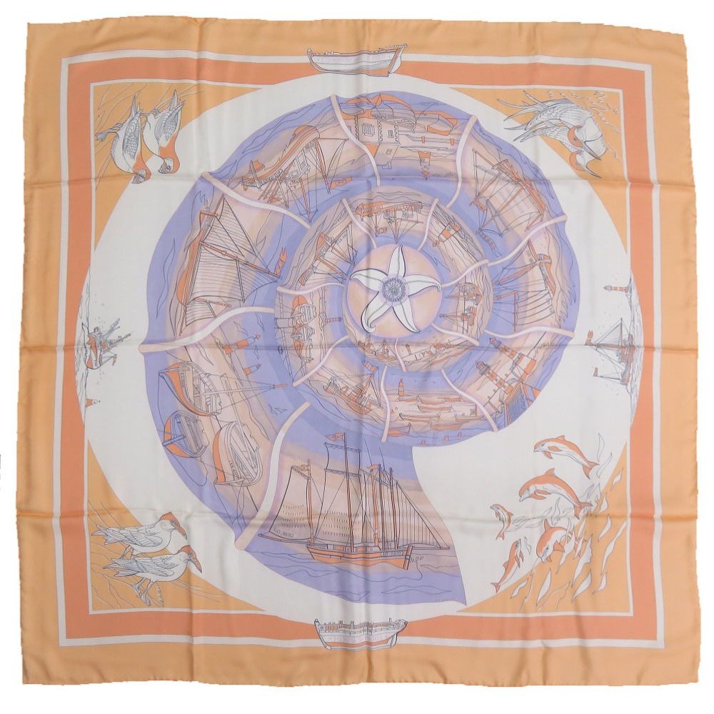 Hermes Carre 90 Friends of the Sea Compagnons de Mer Silk Orange Pastel Purple