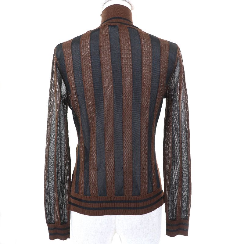 Fendi Fzy923 55% Silk Pecan High Neck Sheer Mesh Design Long Sleeve Top Brown