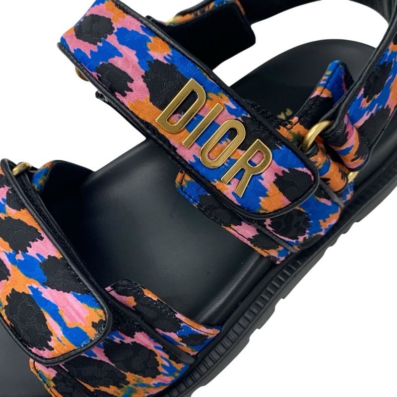 Christian Dioract Sandals Shoes Leather Black Multicolor Logo Velcro Strap