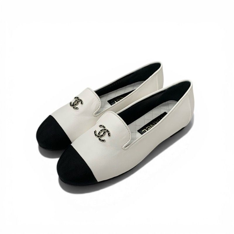 Chanel Loafers Leather Shoes White Black CC Logo Bicolor Flat