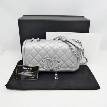 Chanel Small Chain Shoulder Bag Filigree Caviar Skin Silver Hardware