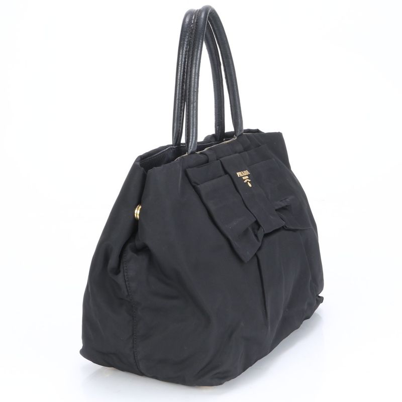 Prada Tessuto Nylon Ribbon Design Leather Tote Bag Shoulder Hand Black Women