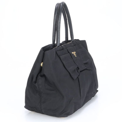 Prada Tessuto Nylon Ribbon Design Leather Tote Bag Shoulder Hand Black Women