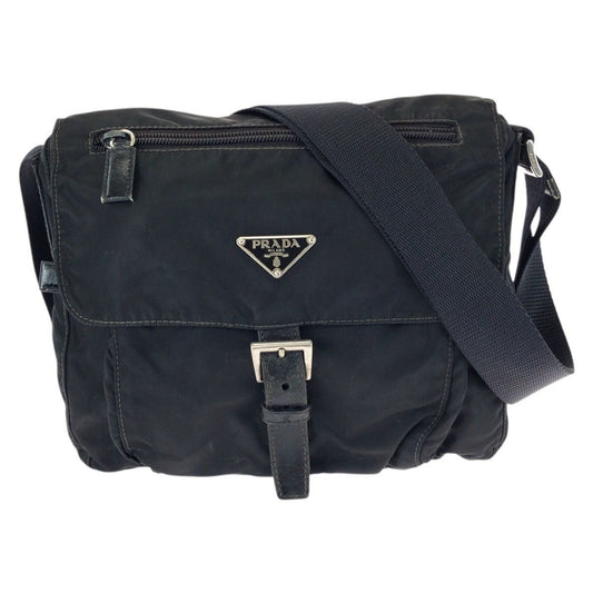 Prada Tessuto Black Silver Nylon Leather Shoulder Bag