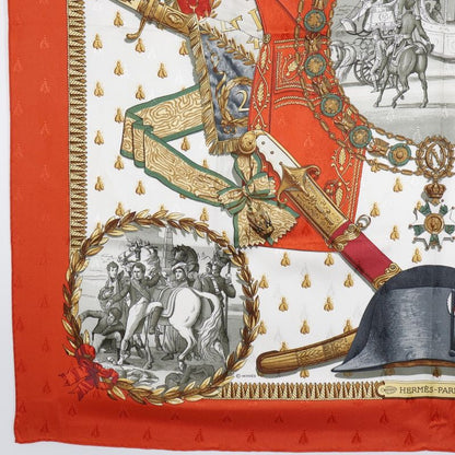 Hermes Carré 90 Napoleon Silk White/orange Women's Scarf