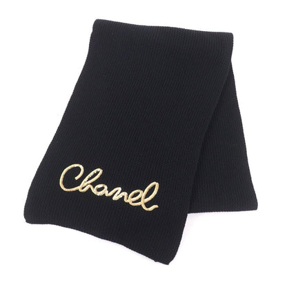 Chanel Cashmere Writing Logo Embroidery Sequin Knit Scarf Shawl Black