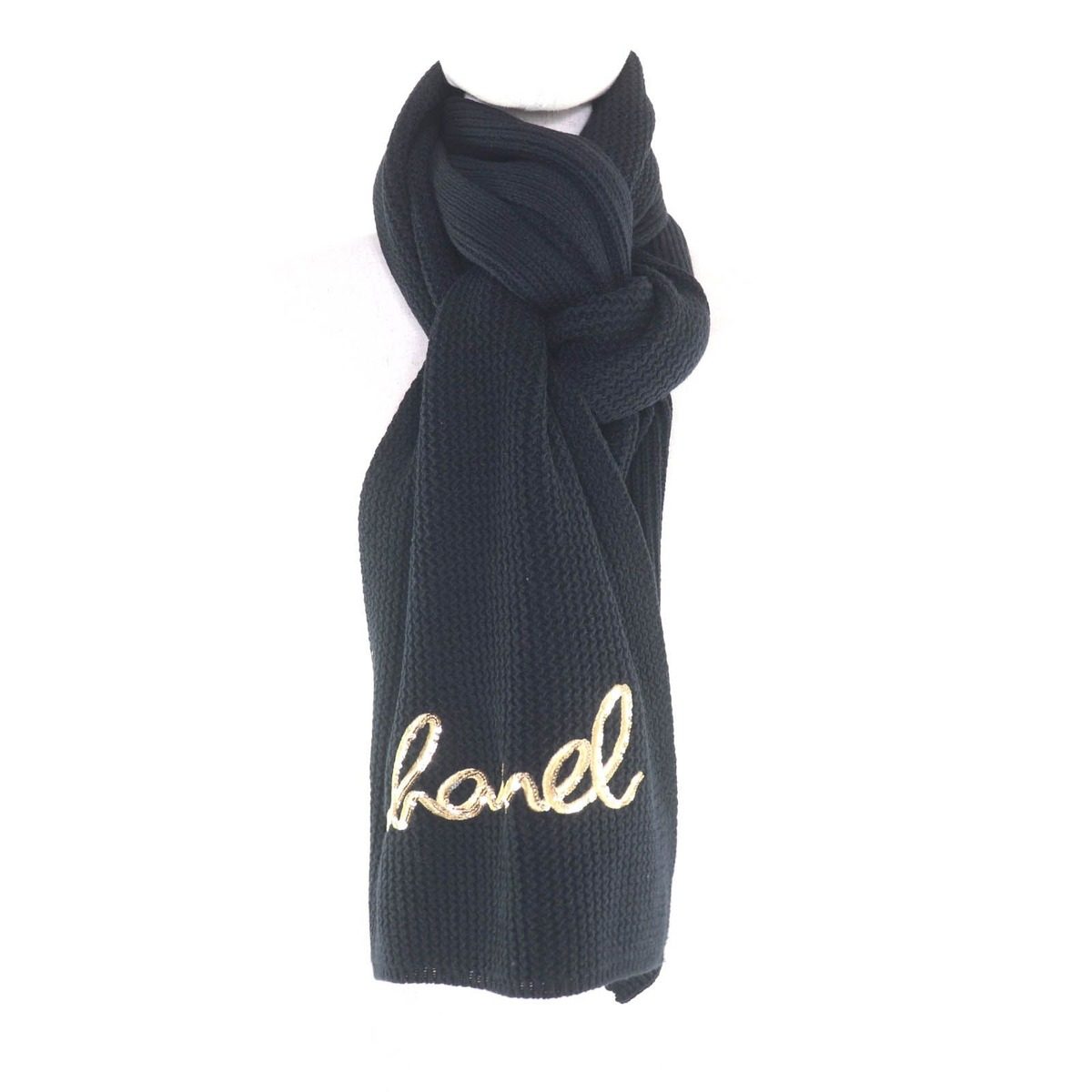 Chanel Cashmere Writing Logo Embroidery Sequin Knit Scarf Shawl Black — view 3