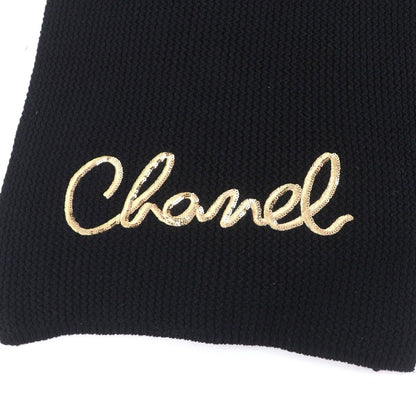 Chanel Cashmere Writing Logo Embroidery Sequin Knit Scarf Shawl Black — view 4
