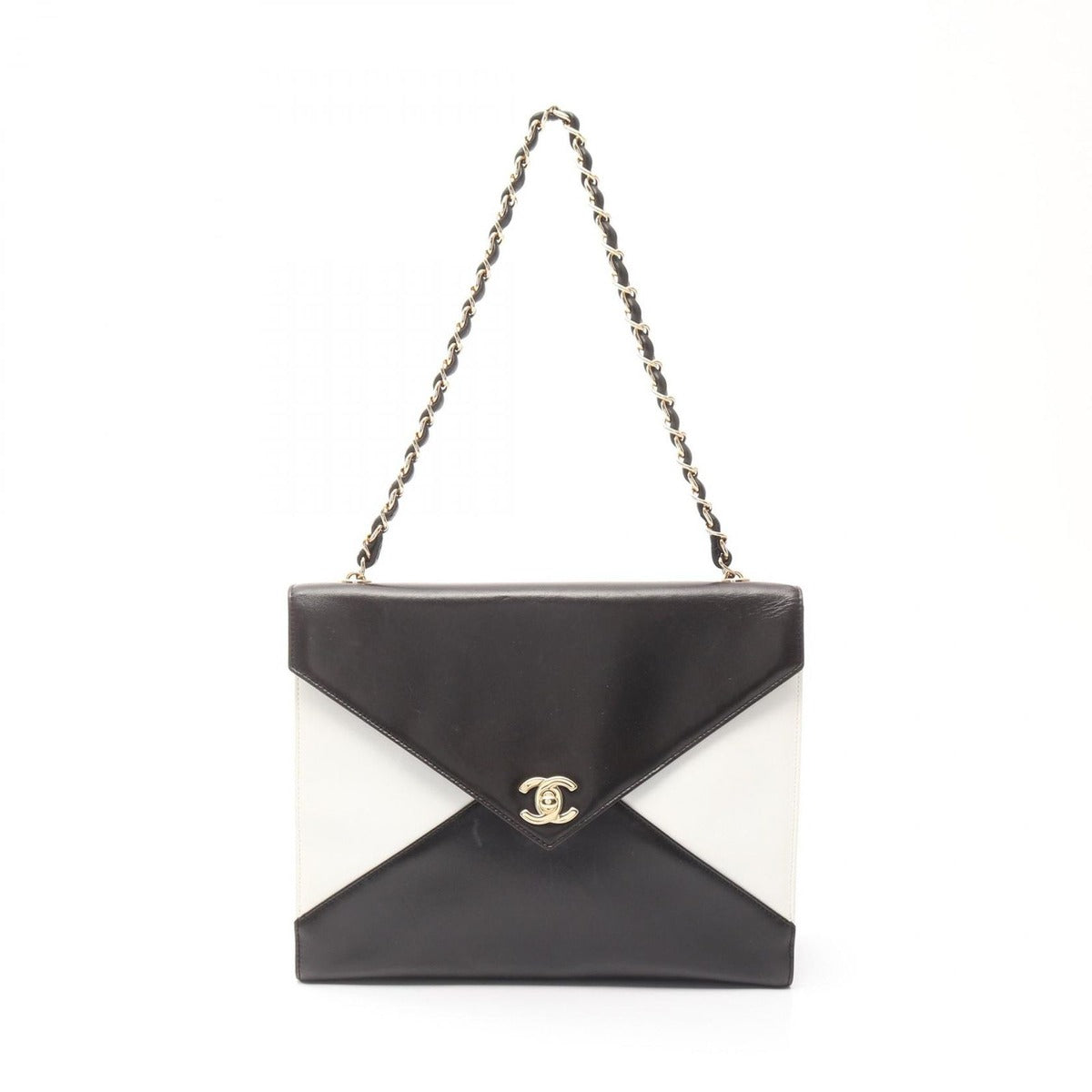 Chanel Shoulder Bag CC Logo Black White Lambskin Chain B