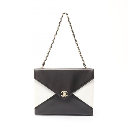 Chanel Shoulder Bag CC Logo Black White Lambskin Chain B