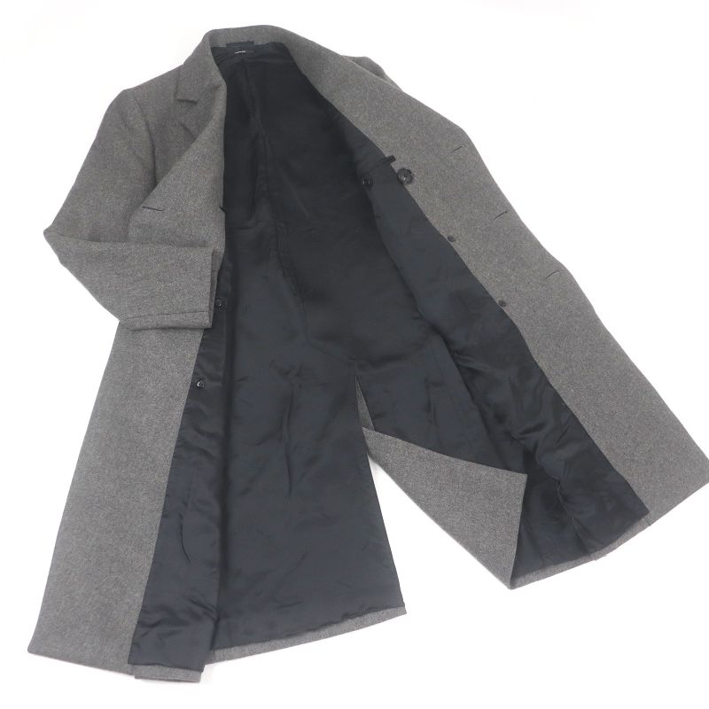 Hermes Super 100s Wool Partially Lamb Leather Double Breasted Chester Coat Gray