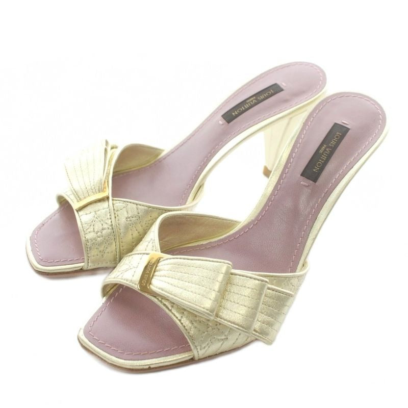 Louis Vuitton Mule Sandals Leather Open Toe High Heels Monogram Ribbon 36