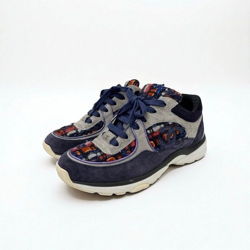 Chanel Sneakers Shoes Suede Fabric Navy Multicolor Coco Mark Tweed
