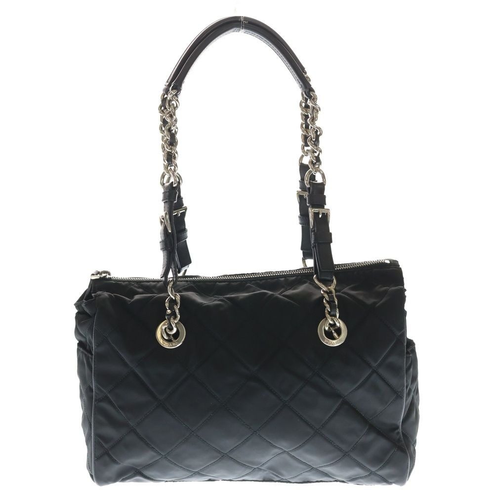 Prada Quilted Side Triangle Logo Chain Tote Black Nylon Tessuto Silver