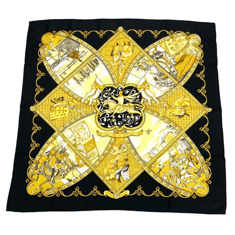 Hermes Scarf Carre 90 LA Vie a Cheval Gold and Black