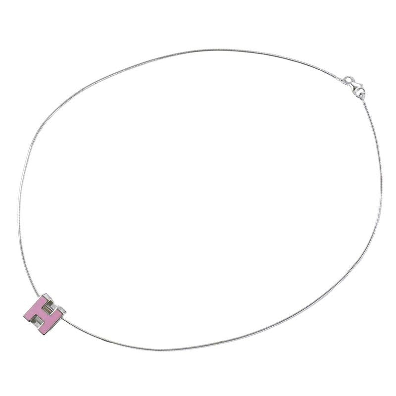 Hermes H Cube Necklace Pendant Metal Silver Hardware Pink Accessories