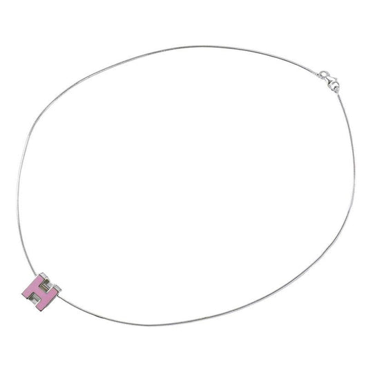 Hermes H Cube Necklace Pendant Metal Silver Hardware Pink Accessories